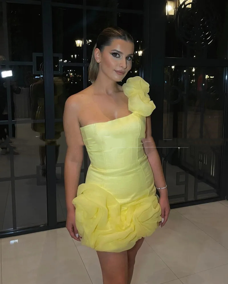 Short Sheath Prom Dresses One Shoulder Ruffle Light Yellow Cocktail Party Dress 2025 Mini Special Occasion Gown