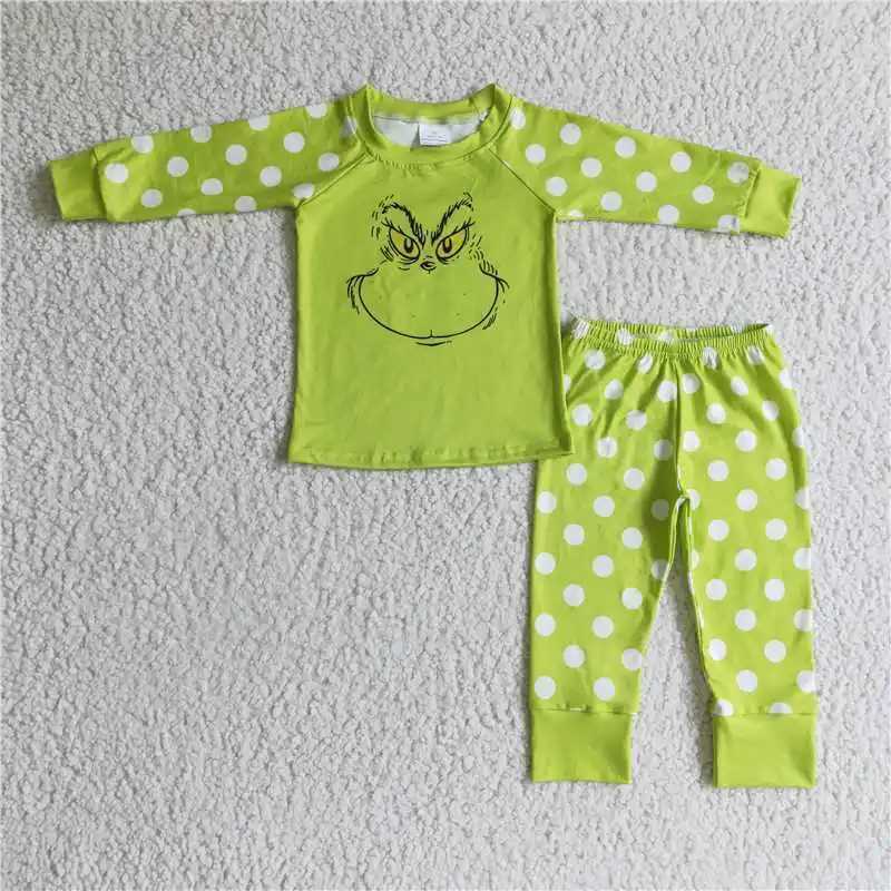 Fashionable Christmas boy and girl matching green character long sleeved pajamas set wholesale boutique childrens clothing W241213