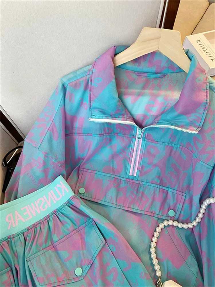 Women's Two Piece Pants Womens Printed Suit Korean Casual Thin Sunscrn Clothes Pocket Drawstring Long Slve Top Shorts 2-Piece Set Female Sportswe