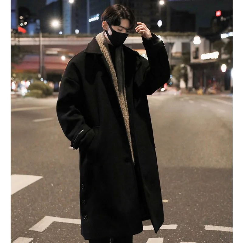 Mens standing collar wool trench coat mens side button casual loose Korean high-end winter thick elegant fashion coat 241211