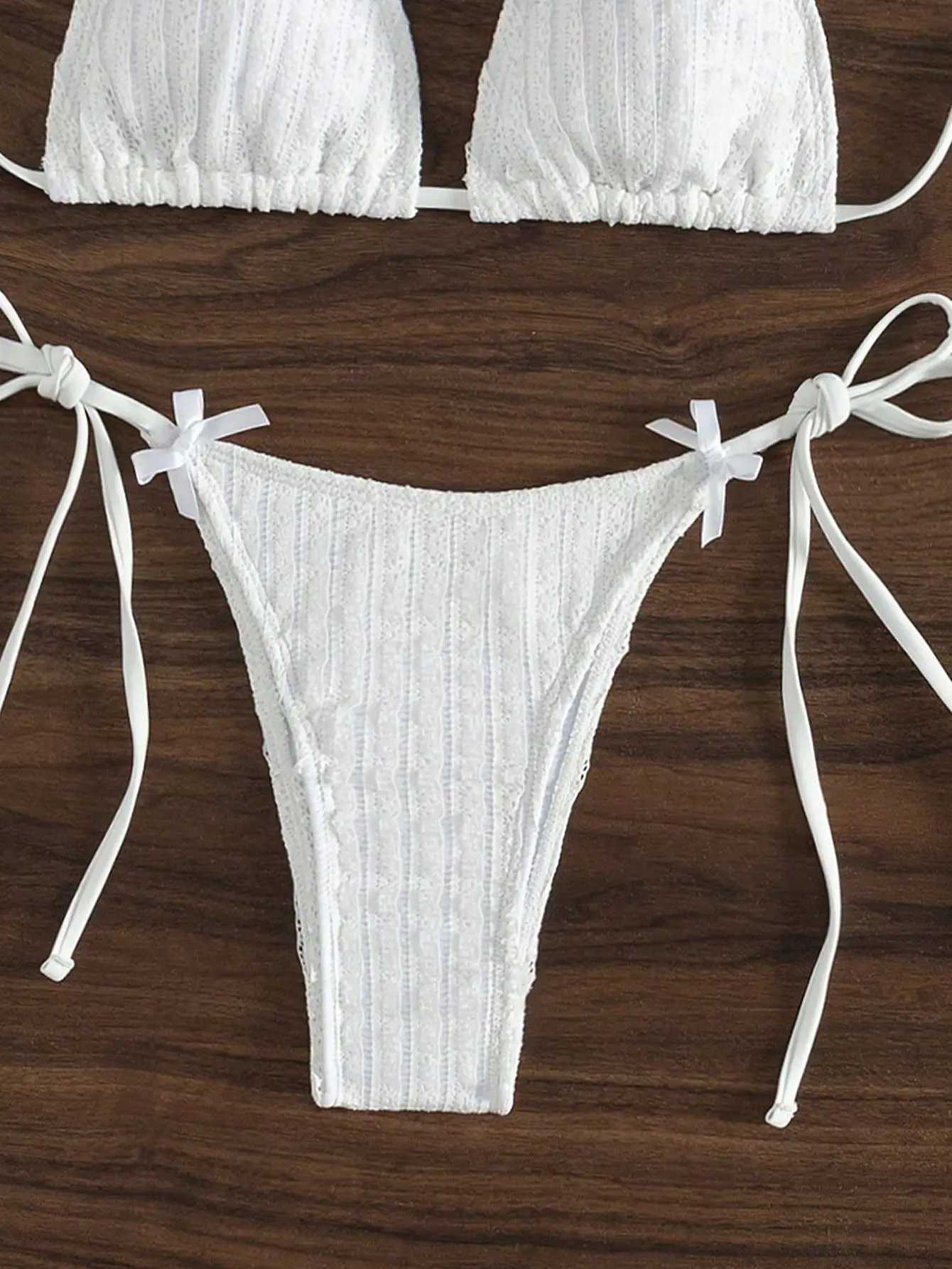 2025 New Solid Color White 2 Piece Swimsuit Sexy Bow Triang Halter ss Bikini Set Lace-up Thong Bathing Suit SwimwearXJ241212