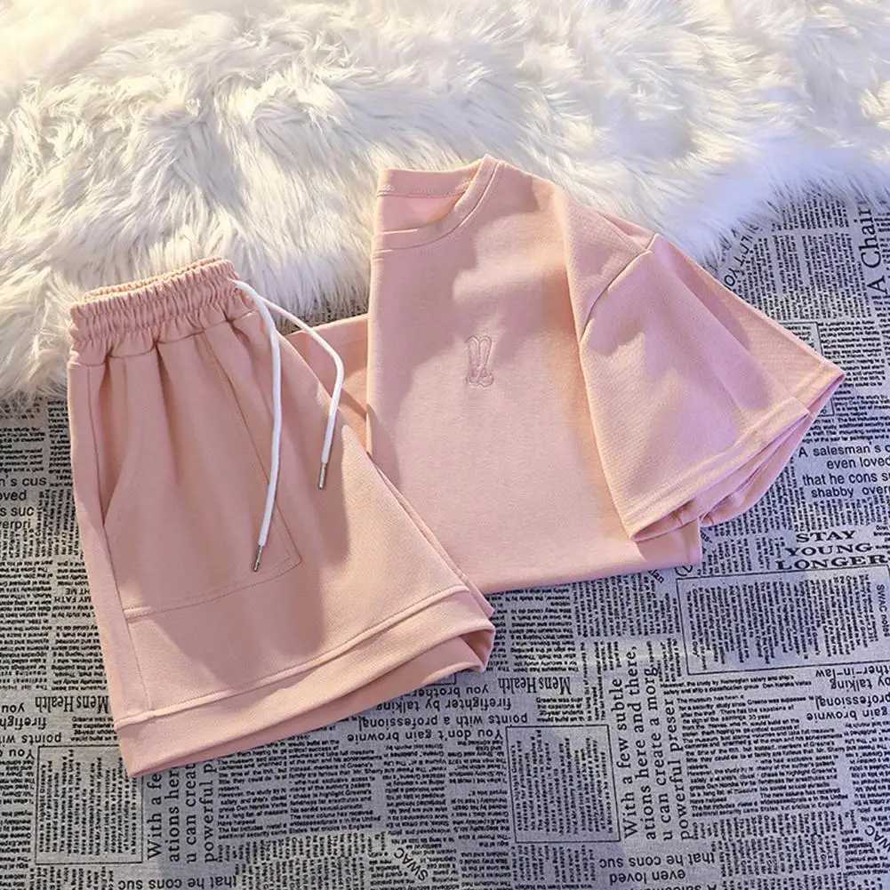 Women's Two Piece Pants Lady Short Pants Set Versatile Womens Tracksuit Set Stylish Round Neck T-shirt Elastic Waist Shorts Suit for Casual Daily