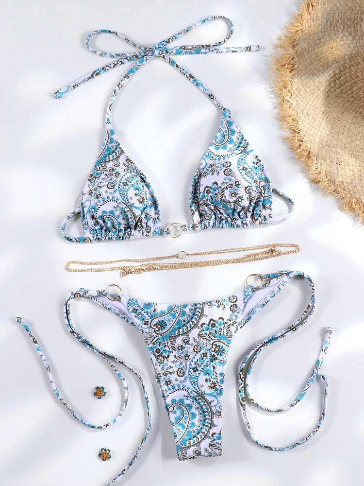 Sexy Triang Chains Bikini Sets Micro Thongs Swimsuit Women Bathing Suit Biquini Bandage Beachwear Print Swimwear Thong BikiniXJ241212