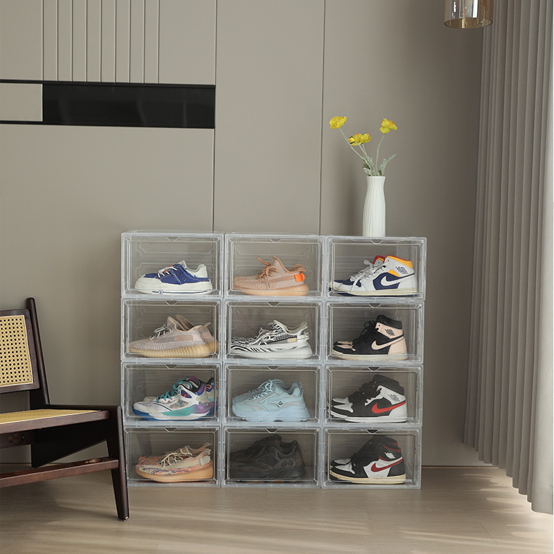 New side opening transparent basketball shoe box acrylic magnetic foldable flip storage shoe box shoe storage box