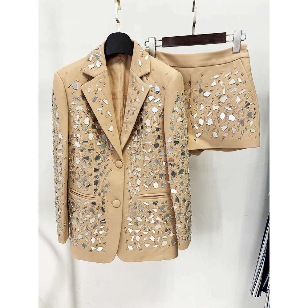 Ladies' Suit HIGH QUALITY Newest Fashion Designer Runway Suit Women's Stunning Beaded Mirror Blazer Shorts Set 2Pcs
