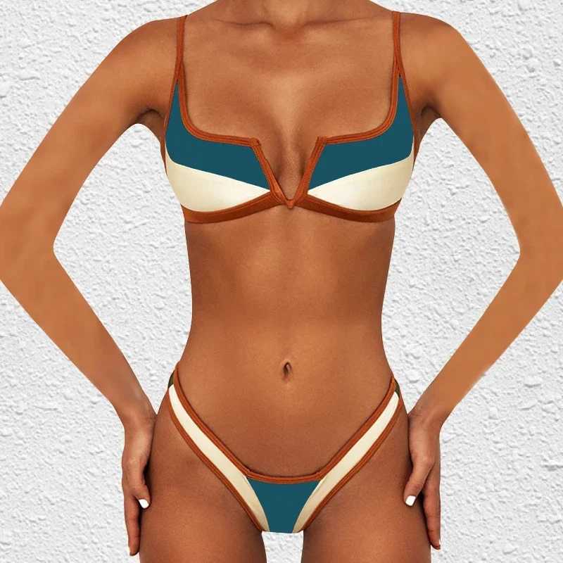S-XL V-bar Sexy Bikini Thong Brazilian Swimwear Women Cololock Vintage Swimsuit Summer Micro Blue Green Bathing Suit BiquiniXJ241212