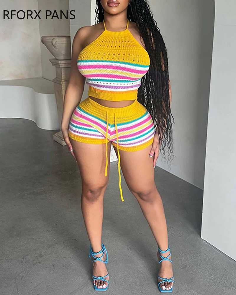 Women's Two Piece Pants 2024 Women Halter Colorful Slveless Elastic Waist Drawstring Bottom Mini Sexy Sweat Knitting Short Sets Y241213L4EP