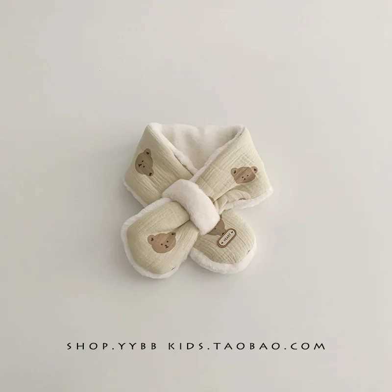 Scarves Wraps Winter Soft Plush Baby Scarf Cartoon Bear Warm Thick Faux Fur Neckerchief for Kids Cute Solid Color Cross Scarves H241213