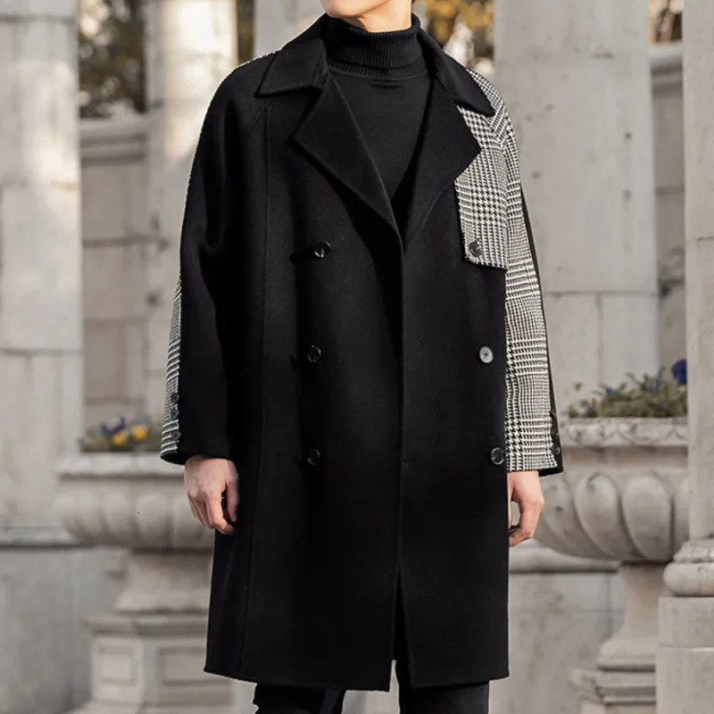 Double Sided Cashmere Coat Mens Thousand Bird Lattice Stitched Winter Medium Long Wool Blend Cloth Thickened Trench 241213