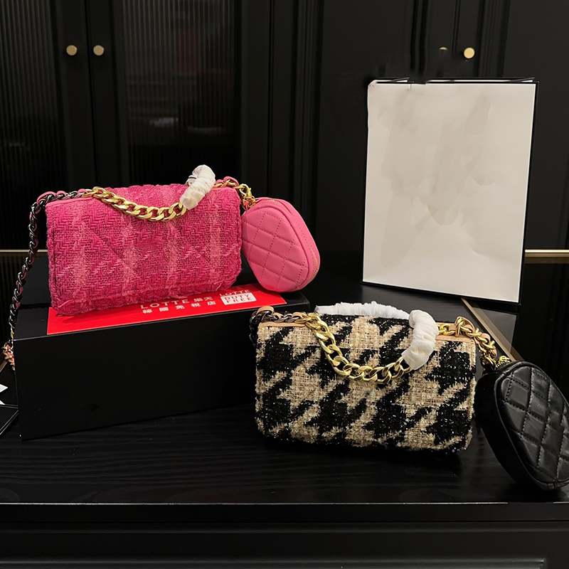 Luxury Designer 19 Series Two-tone Tweed Houndstooth WOC Bag Gold Chain Clutch Totes Purse Card Holder Wallet Zipper Pouch Crossbody Strap Handbags 19x11cm