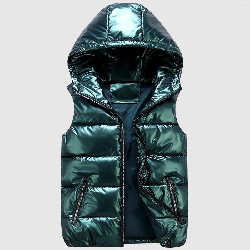 Womens Vests Autumn Winter Women Padded Shiny Vest Jacket Solid Zipper Hooded Bubble Coat With Pocket Lightweight Sleeveless Outerwear