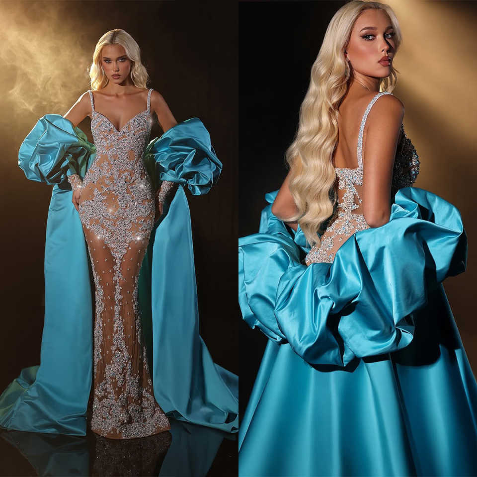 Sexy Evening Dresses For Women Spaghetti Strap Sleeveless Backless Gown See Through Sequins Crystal Wrap Customized Dress