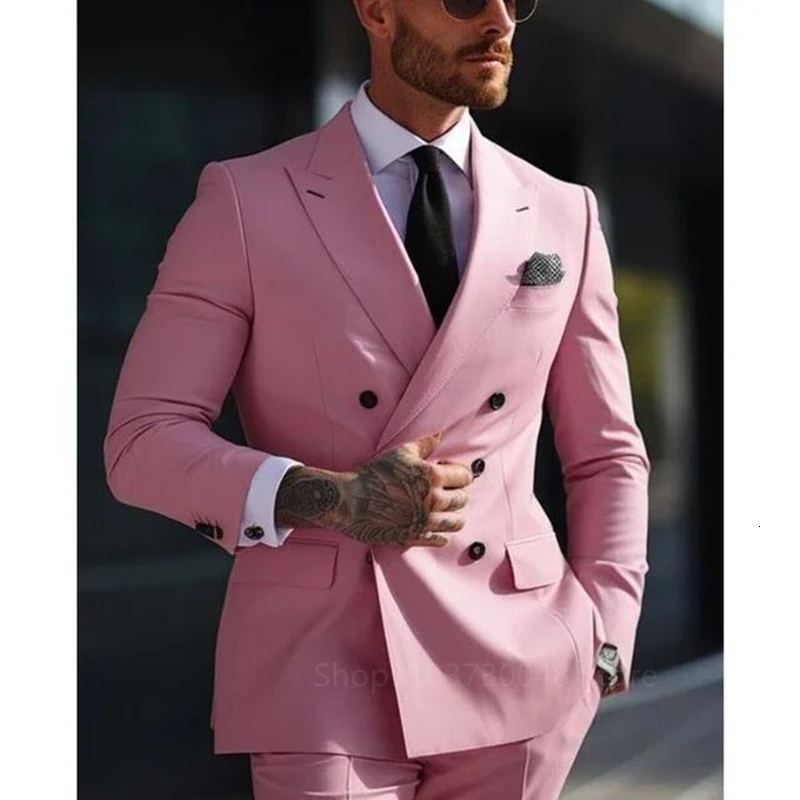 Solid 2 Pieces Men Set Fashion New Men's Formal Business/Wedding Groom Suits Peak Lapel Double Breasted Blazer Trousers