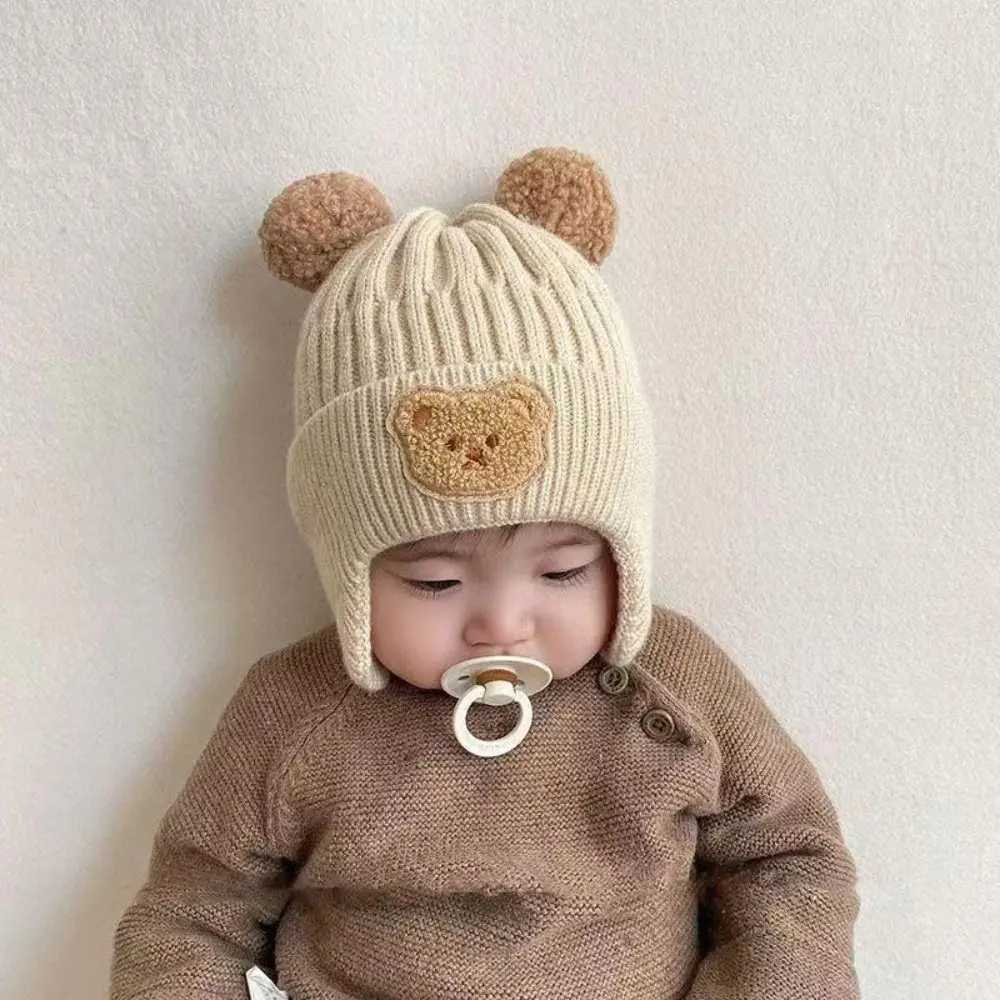 Bear Ear Protection Knitted Hat Winter Baby Beanie Cap for Toddler Boys Girls Cute Korean Warm Kids Crochet HatsXJ241213