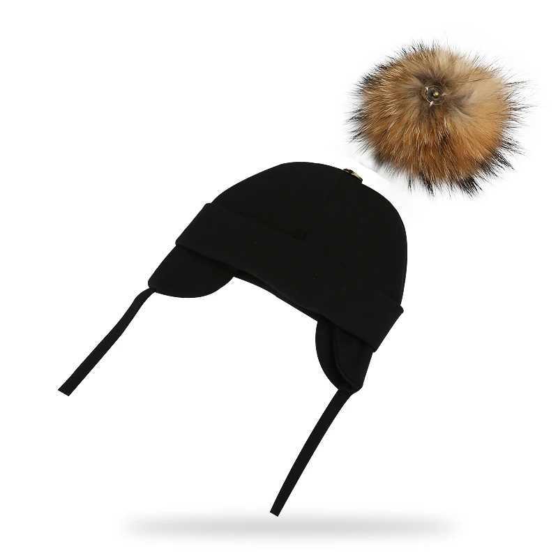 Autumn Winter Natural Raccoon Pompom Cotton Cap For Newborn Earflap Baby Hat With Real Pompon Kids BonnetXJ241213