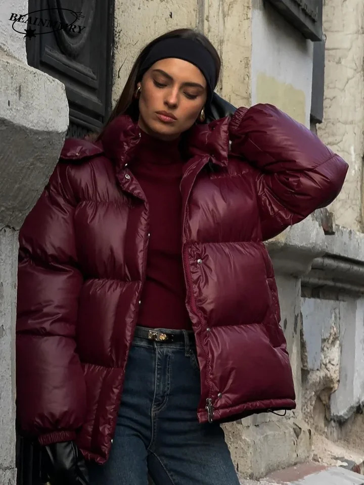 Fashion Burgundy Women Winter Hooded Cotton Jacket Vintage Solid Stand Collar Short Coat 2025 Lady Commute Street Outerwears 241212