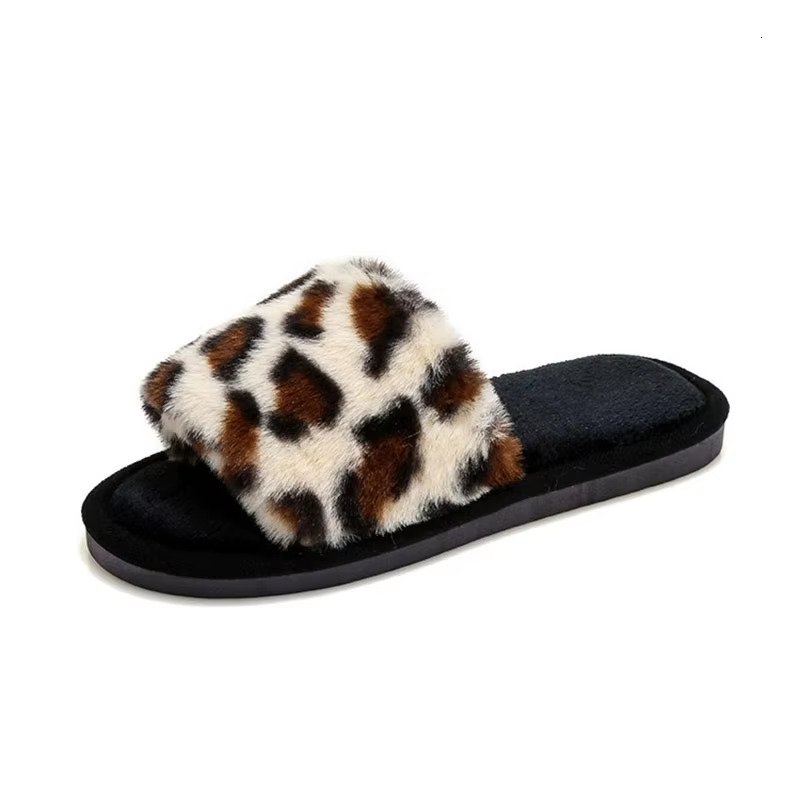 Leopard Print Fur Slippers Winter Sexy Home Shoes Living Room or Slides Indoor High Padded Warm Non-slip EVA Flip ps