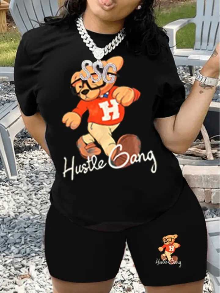 Women's Two Piece Pants LW Plus Size Cartoon Bear Letter Print Two Pieces Suits Shorts Set Short Slve Crewneck T-shirt and Matching Pants 2pcs Ou