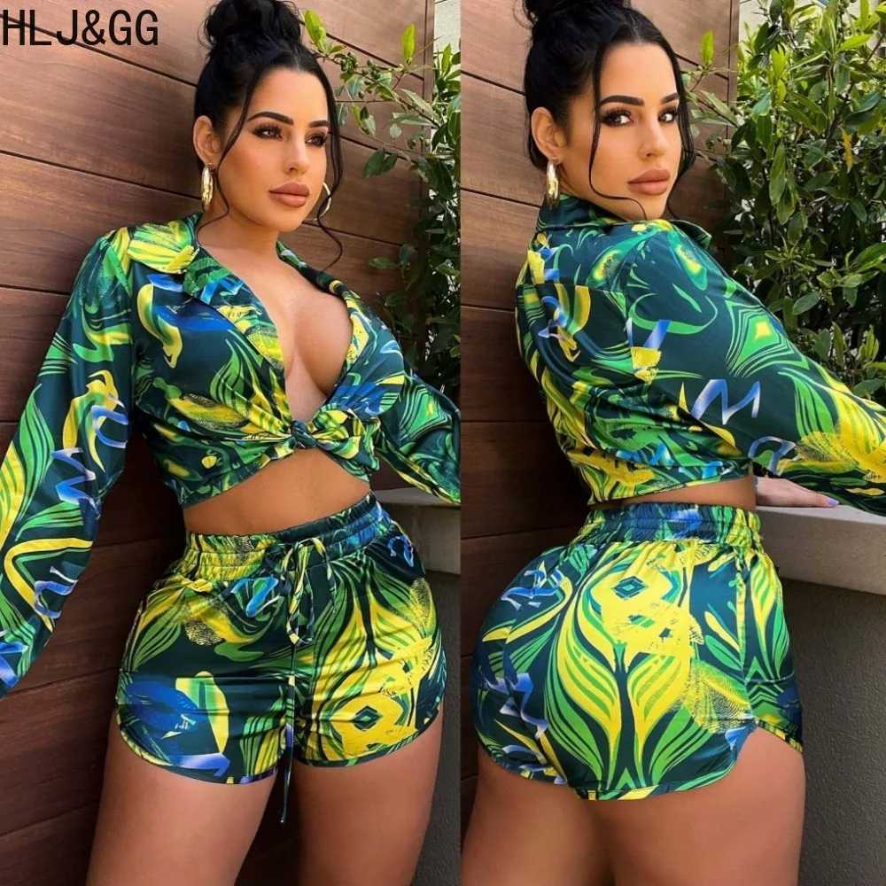 Women's Two Piece Pants HLJ GG Summer Print Shorts Two Piece Sets Women Turndown Collar Long Slve Shirt + Shorts Outfits Female Holidays 2pcs Clo