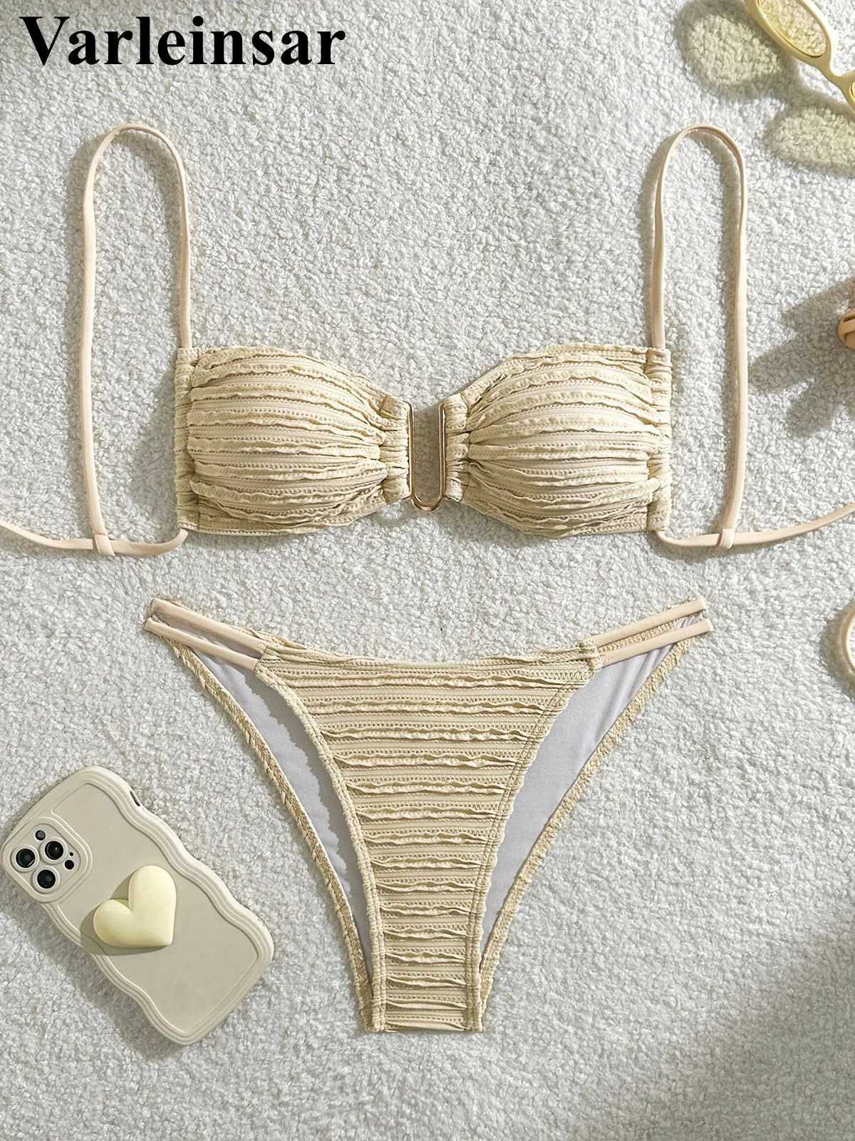 U Neck Wrinkd Crinkd Bikini Women Swimwear Fa Swimsuit Two-pieces Bikini set High Cut Bather Bathing Suit Swim V5708BXJ241212