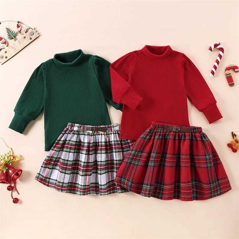Pudcoco little girl Christmas set solid ribbed plain neck long sleeved top plain elastic waist A-Line ski 2-piece set 1-5T W241213