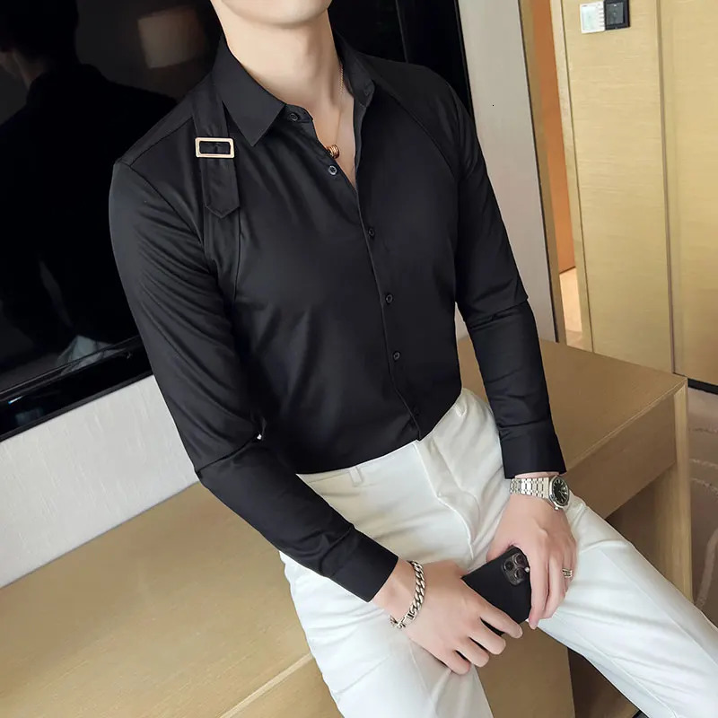 Strap Decorative Shirt Mens Clothing 2024 Korean Long Sleeved Slim Fit Casual Shirts Nightclub Prom Show Dress Shirt 241213bj