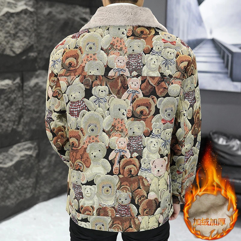 Autumn Winter Fashion Trend Bear print Wool Coat Mens Casual Loose Thicken Warm High Quality turndown collar Jacket 241213