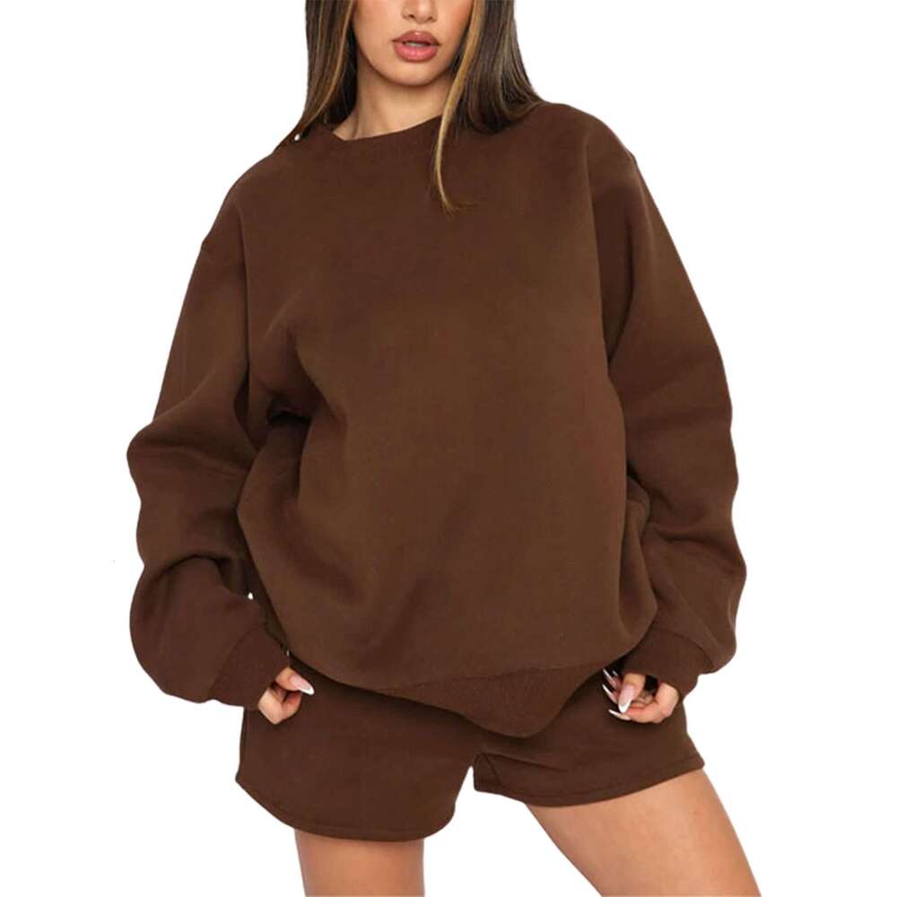 European American Spring And Autumn Solid Color Round Neck Pullover Long Sleeved Hoodie Women's Shorts Set Trendy Clothing Fashion Casual Tempera
