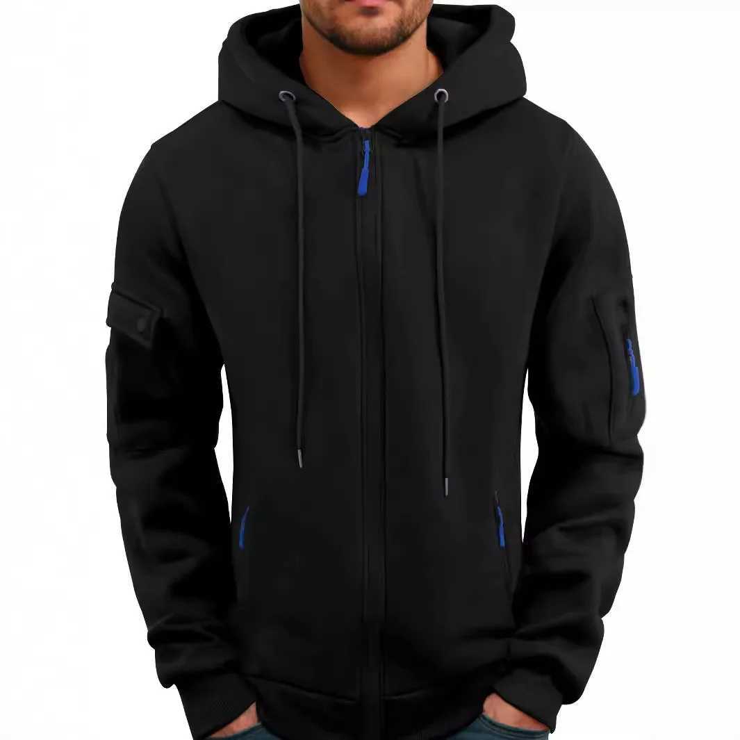 Autumn and Winter Mens New Outdoor Sports Tool Style Casual and Comfortable Open Zipper Solid Color Arm Pocket Hoodie W241213