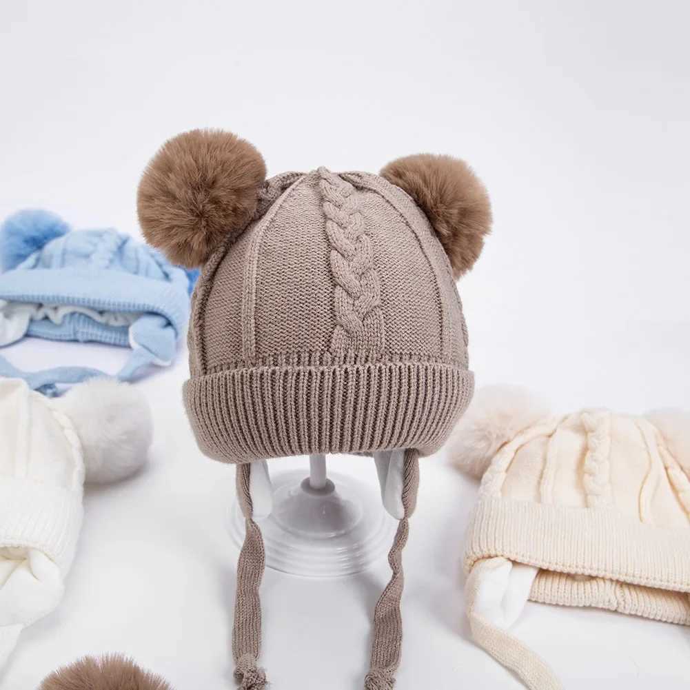 Pompom Winter Baby Hats Cute Beanies Caps Bear Ear Protection Knitted Boys Girls Headwraps Warm Kids Crochet Infant Kid HeadwearXJ241213