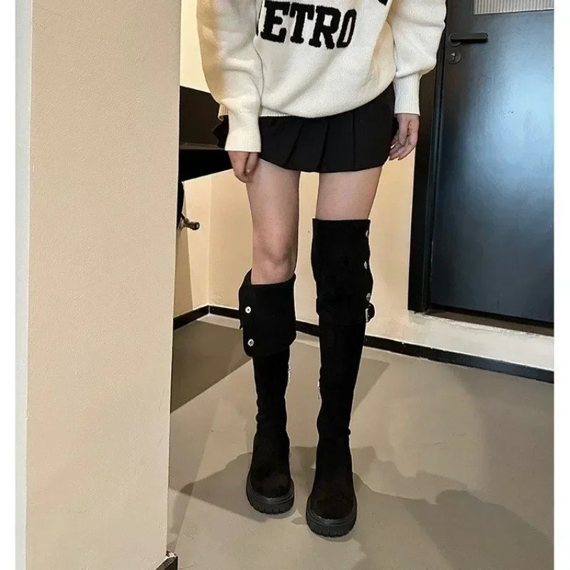 Knee above denim boots for womens ers winter platform shoes fashionable fur suede wedge thick boots motorcycle shoes 2024 241213