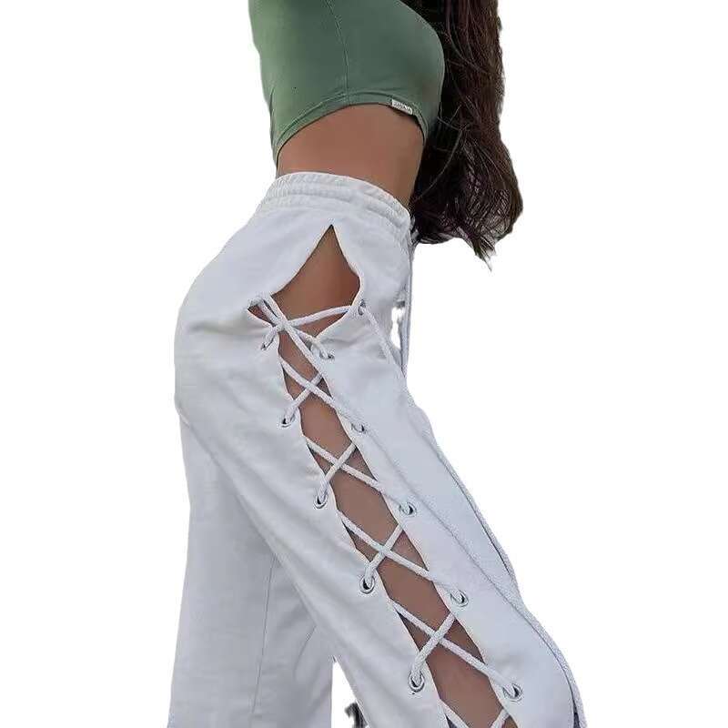 European And American Women's New Street Slim Fit Side Slit Chicken Eye Strap Hollow Out Versatile Wide Leg Pants