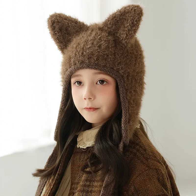 Knitted Hat Winter Children Ear Protection Beanie Cap Cute Cat Ear Hat Wool Plush Cold-proof Warm Boy Girl Bucket Hat BonnetsXJ241213