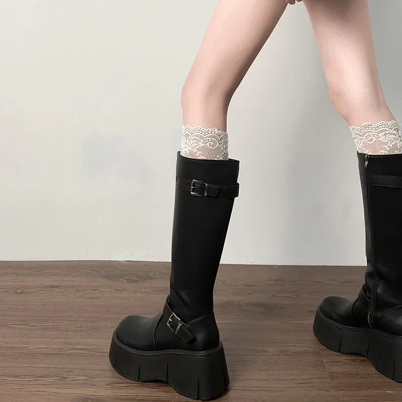 Platform Wedges Heel Women Knee High Boots Fashion Belt Buckle Slip On Long Booties Autumn Winter Female Shoes 241213