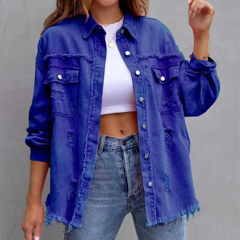 Womens torn Distressed denim jacket spring and autumn clothing long sleeved buttons boyfriend Jean Coat truck 241211