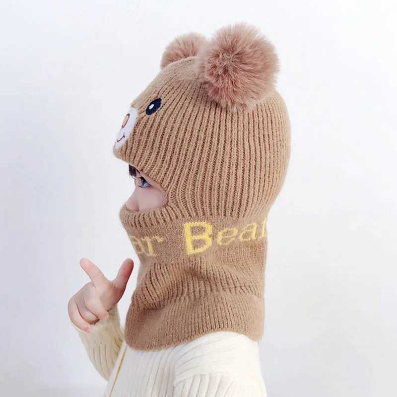 Bear Winter Baby Bonnet Hat Scarf One-Piece Pompom Kids Knitted Hat for Girls Boys Warm Ears Neck Children Cap for Skiing 2-6YXJ241213
