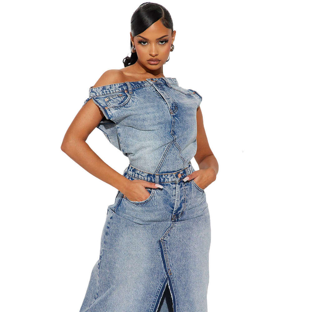 European American New Women's Casual Solid Color Autumn And Winter Retro Split Denim Skirt Two-Piece Set