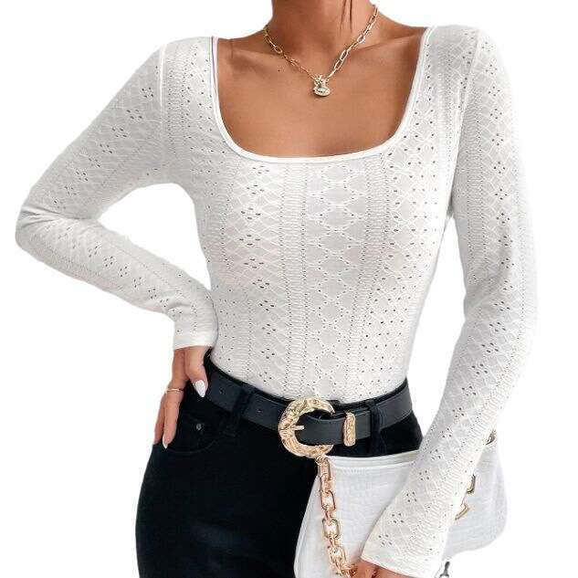European and American 2023 autumn new short independent style slim fit square neck long sleeved T-shirt for women