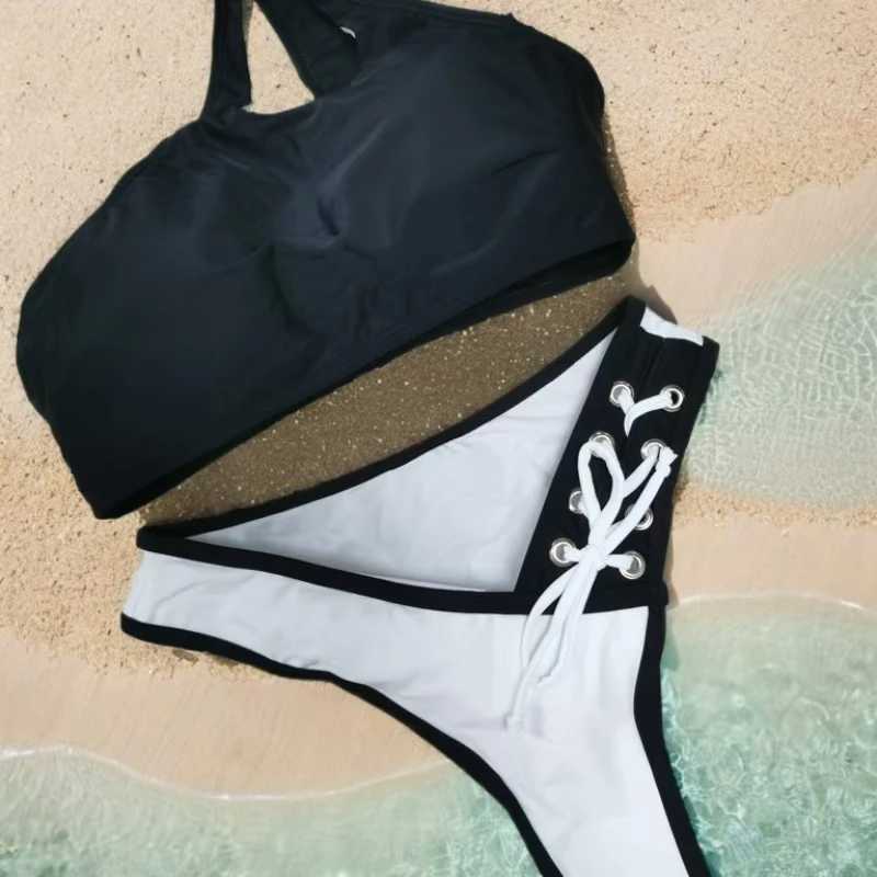 Sexy Swimsuit One-shoulder Black Bra High-waisted Bris Two-piece Split BikiniXJ241212