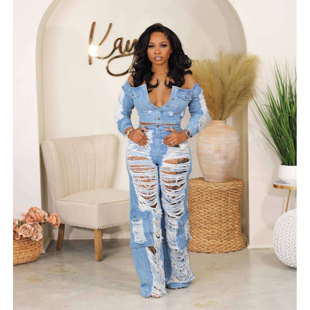 Summer European And American Women's Clothing New Fashion Casual Pocket Hole Straight Leg Pants Jeans