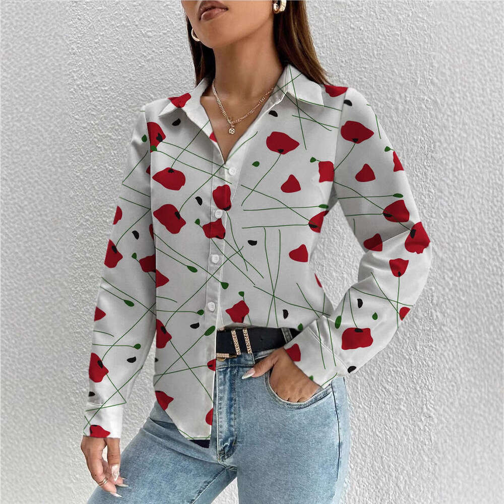 New Retro Digital Printed Long Sleeve Collar Top Women's Trendy Clothing Fashionable Casual Style