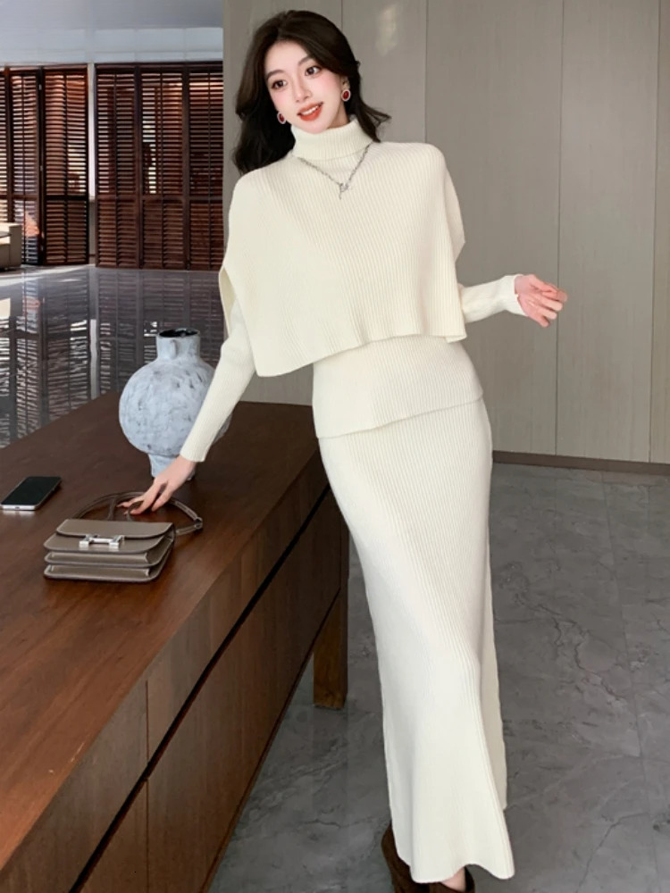 Autumn Winter Women Turtleneck Cloak Tracksuits Fashion Knitted Long Skirts Set Ladies Sweater Suit Vintage 3 Pieces Sets