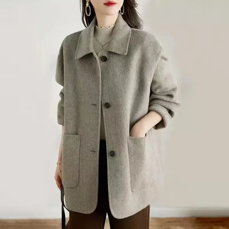 Wool Jacket Womens Korean Simple Loose Long Sleeved Woolen Coat Single Breasted Spring Autumn Female Casual Outwear 241213