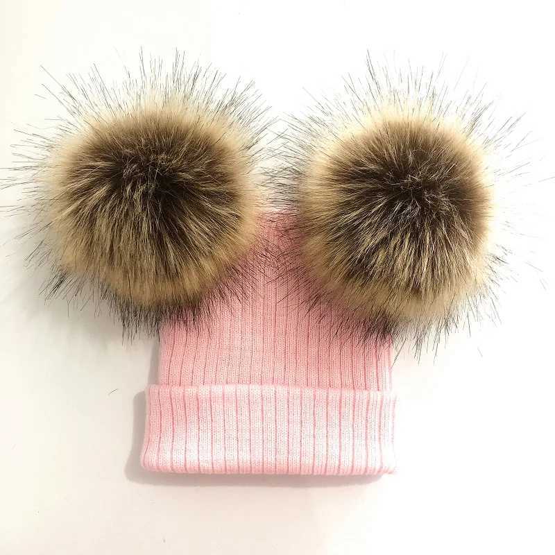 Kids Knit Faux Fur Double Pompom Hat Winter Caps For Baby Girl Toddler Children BeanieXJ241213