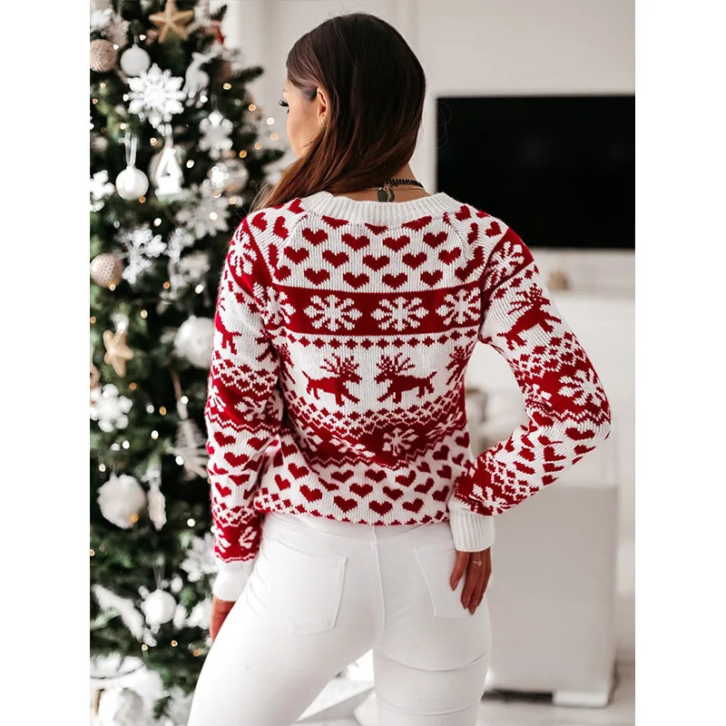 Autumn Winter Knitted Sweater Womens Round Neck Pullover Christmas Elk Snowflake Long Sleeve 241203
