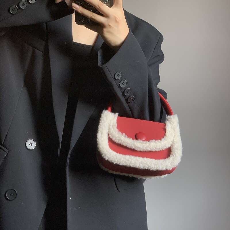 Autumn and Winter Lamb Hair Splice Xiaolongbao Women's New Year Red Handheld Small Square Versatile ins Saddle Bag