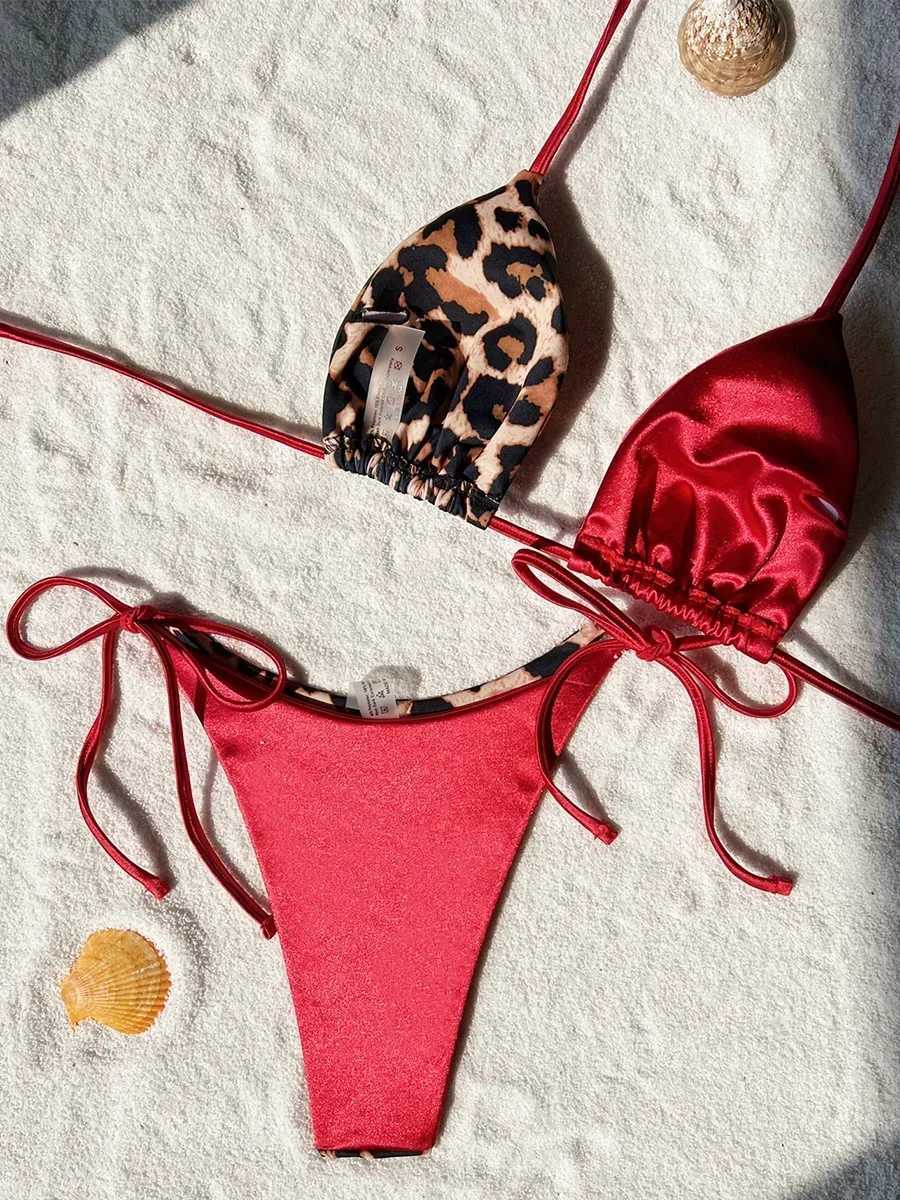 Halter Splicing opard Bikinis 2024 Satin Bikini Fa Swimsuit Women Swimwear Two-pieces Bikini Set Micro Bathing Suit SwimXJ241212