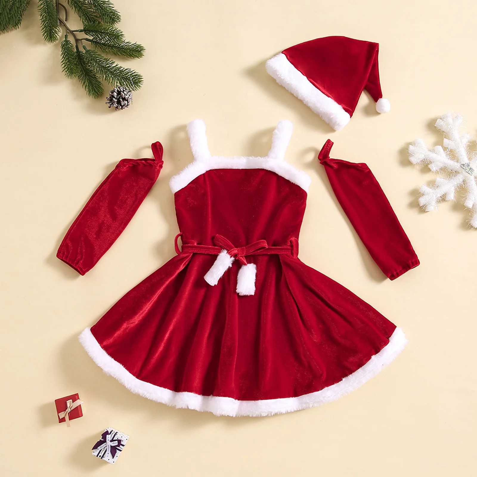 Girls Christmas Dress Set Autumn/Winter Velvet Pendant Dress+Sleepwear+Hat 3-Piece Baby Santa Claus Costume Holiday Costume W241213