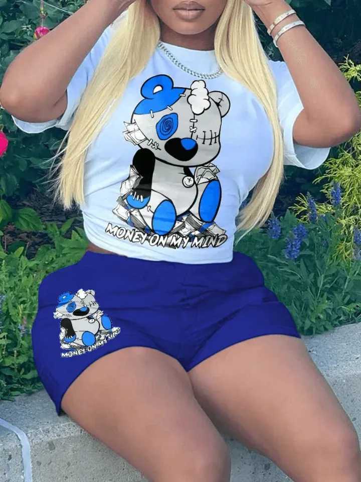 Women's Two Piece Pants LW Multicolor Two Pieces Shorts Suits Bear Letter Print Shorts Set Short Slve Pullover White Top Matching Bottoms Outfits