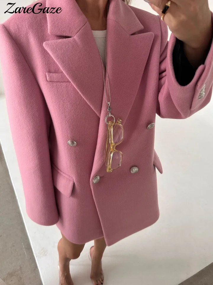 Street Pink Elegant Woolen Coat Women Fashion Lapel Long Sleeve Buttons Loose Jackets Autumn Winter Thick Warm Lady Outwear 241213